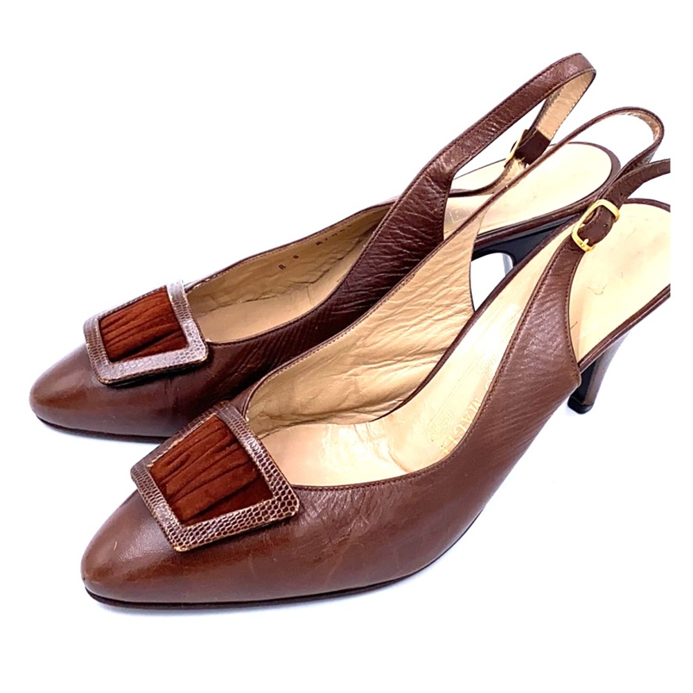 Bruno Magli Brown Leather Slingback Pumps with Wood Accent